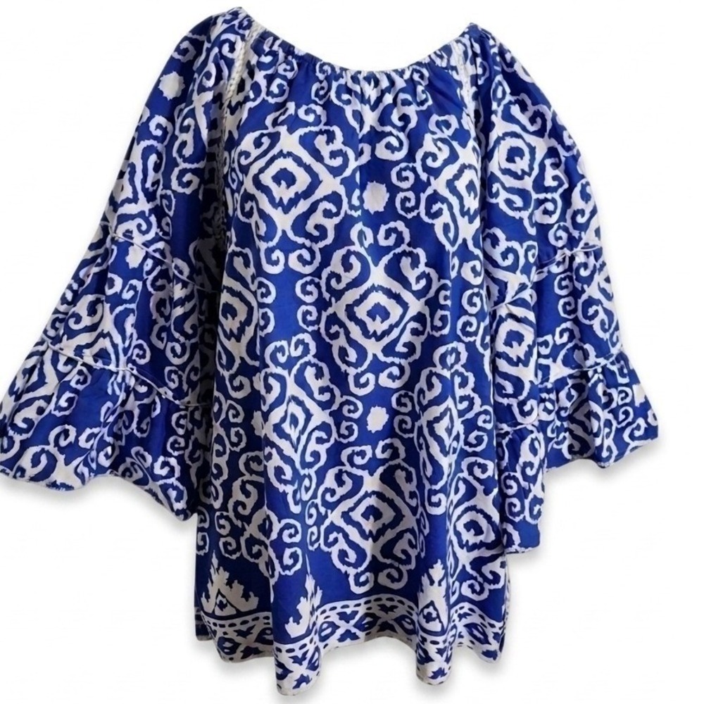Calessa 100% Cotton Ikat Blue White Tunic Tiered Ruffle Bell Sleeve Boho Top LG